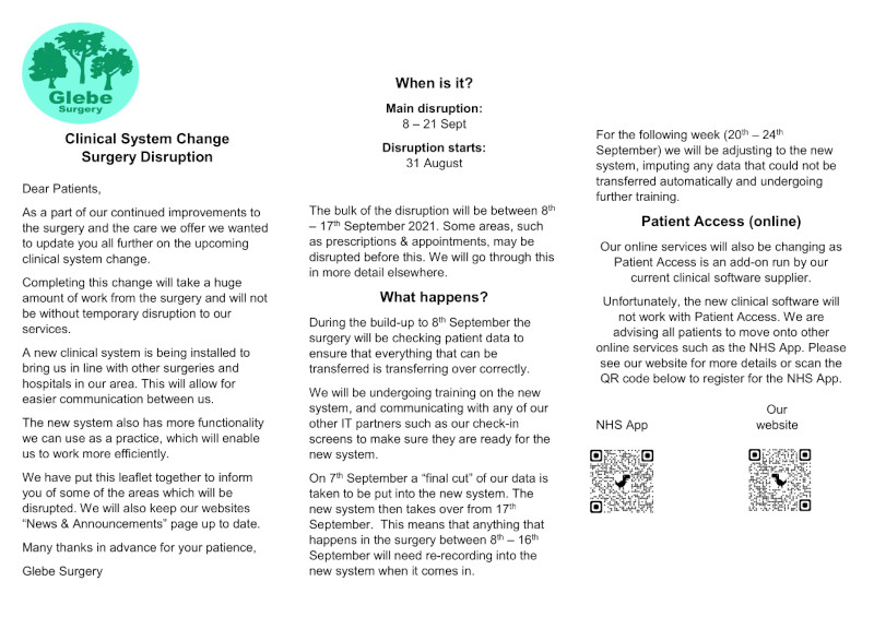 Glebe Surgery patient leaflet re. new clinical system page 1