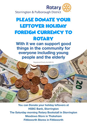 Photo of money promoting collection of foreign currency for Rotary charities