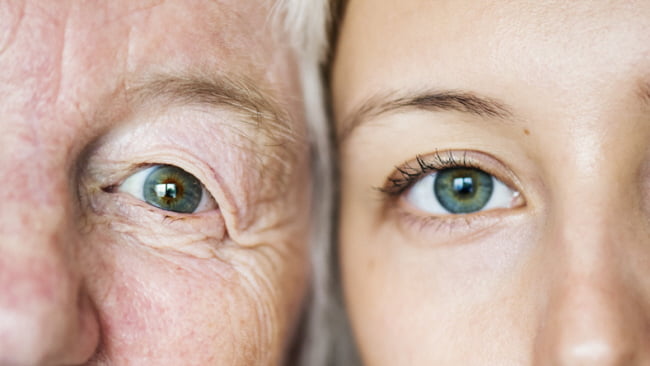 an old person's eye and a young person's eye