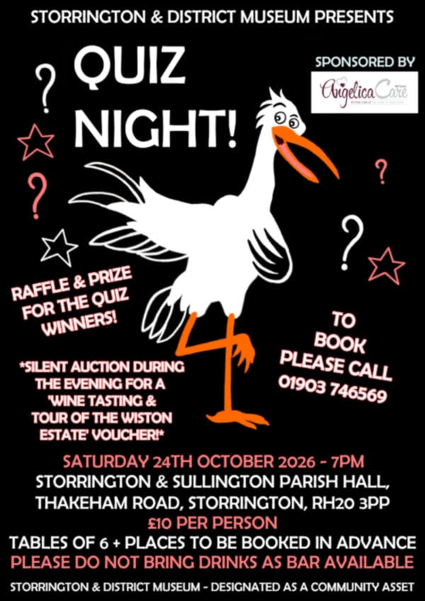 Poster for Museum Quiz Night with dancing stork and details