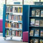 Books on library shelves