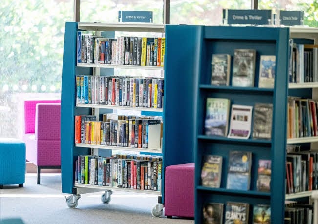 Books on library shelves