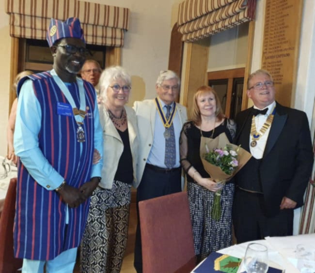 Photo: L to R: Rotary District Governor, Olatunji Olaleye, Marie-Claude, Jacque Marty, President of Villeneuve-sur-Lot Rotary, Helen Ollerton, Storrington and Pulborough District Rotary President John Ollerton.